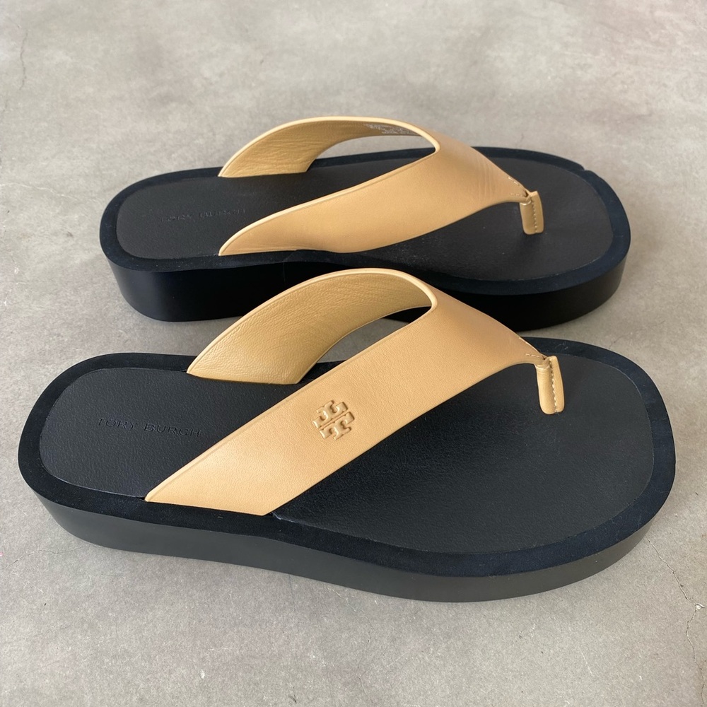 Tory Burch Black & Tan Platform Flip Flop Sandals